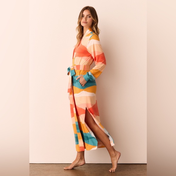 NWOT Mason Grey Skyler Banded Long Robe in Sunset, Size Small - Picture 3 of 9